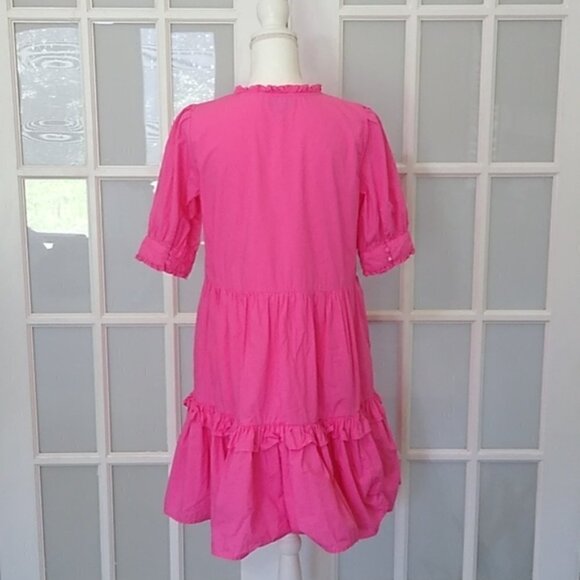J. Crew Pink Ruffleneck Tiered Cotton 3/4 Sleeve Popover Dress - Picture 7 of 16